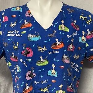 Dr Seuss Blue Nurse Scrub Top 2 pockets What Pet Should I Get Cats Dogs Large